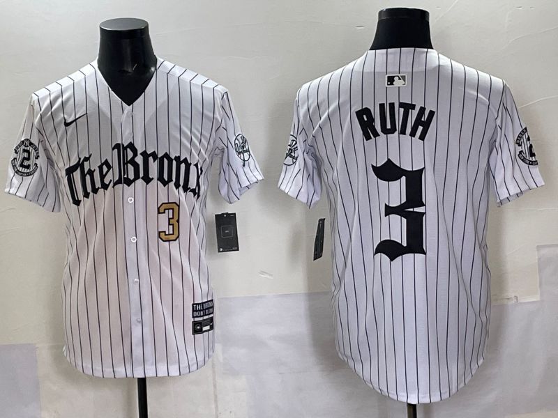 Men 2025 New York Yankees 3 Ruth White Stripe Five generations Joint Name Nike MLB Jersey style 03